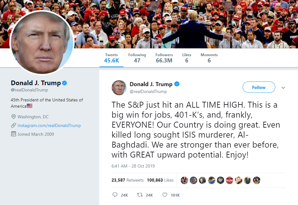 Tweet by Donald Trump touting economic prosperity and death of ISIS leader (Oct. 28, 2019)